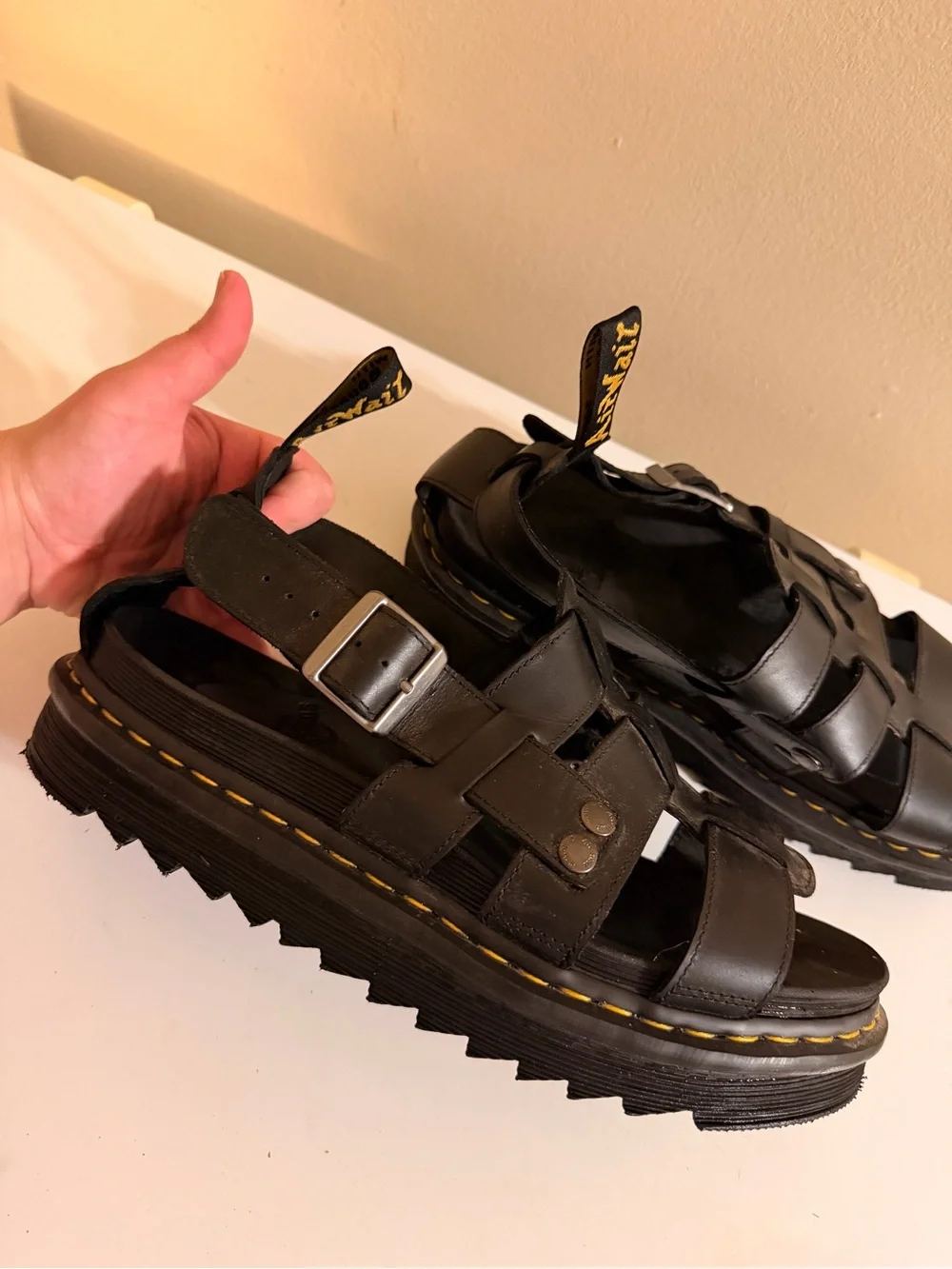 Dr. Martens Black Leather Buckle Fisherman Sandals with Yellow Stitching